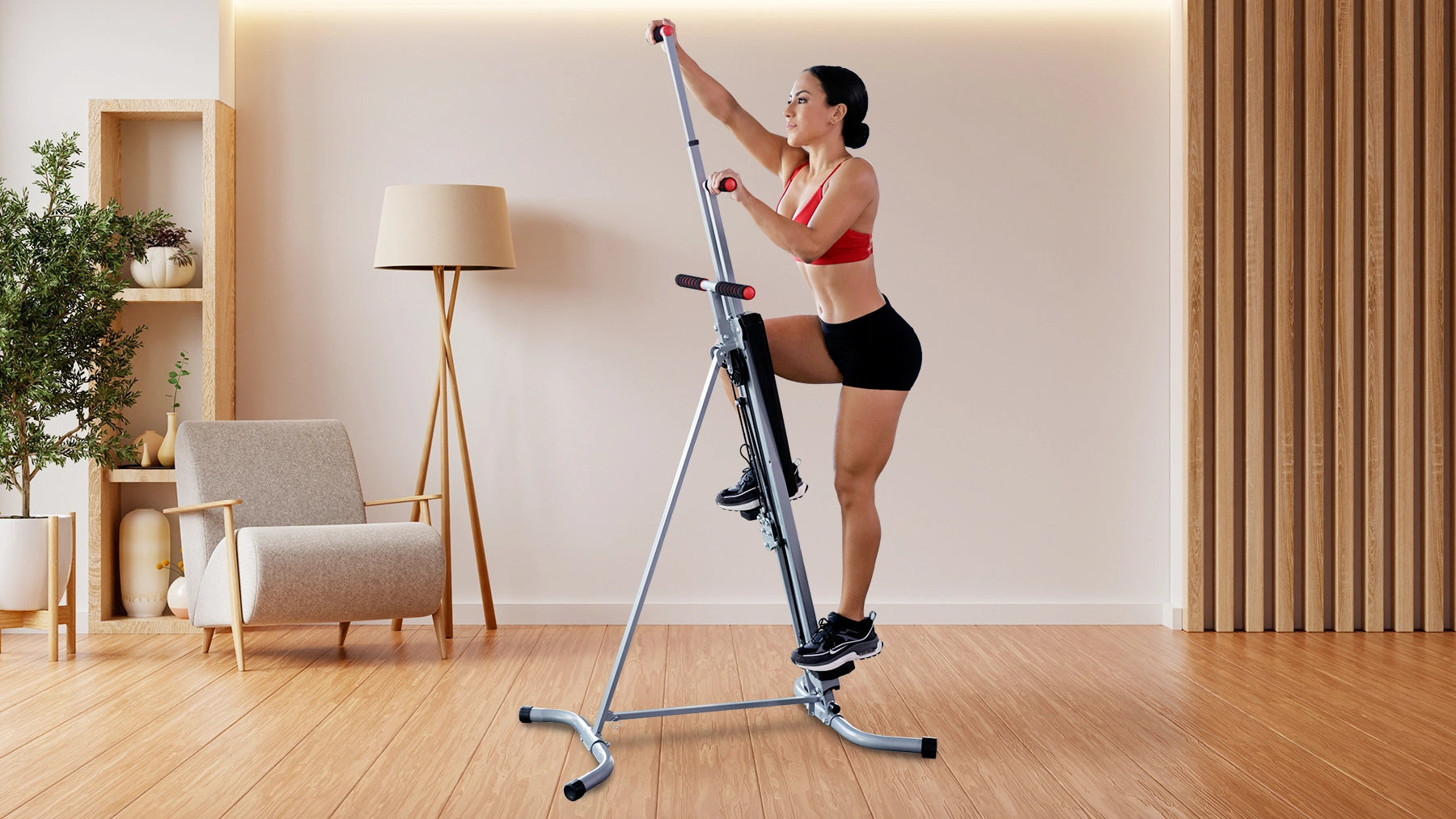 MaxiClimber 2.0
Best for Beginners and Compact Spaces | Woman dressed in red top and black shorts woring out on the MaxiClimber 2.0 indoors