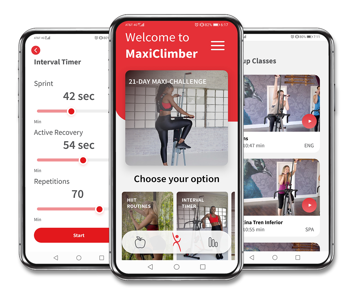 MaxiClimber - Download the FREE fitness app / Mobile phone showcasing the MaxiClimber Fitness App screens