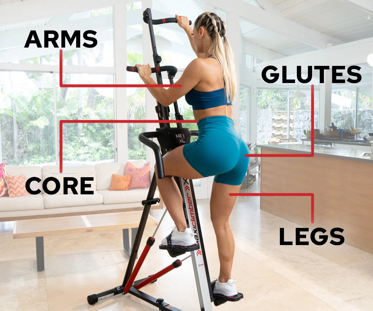 MaxiClimber - Engage more muscles than traditional cardio machines / Young blonde woman dressed in green working on the MaxiClimber XL 2000 showcasing the muscle groups targeted during workouts.