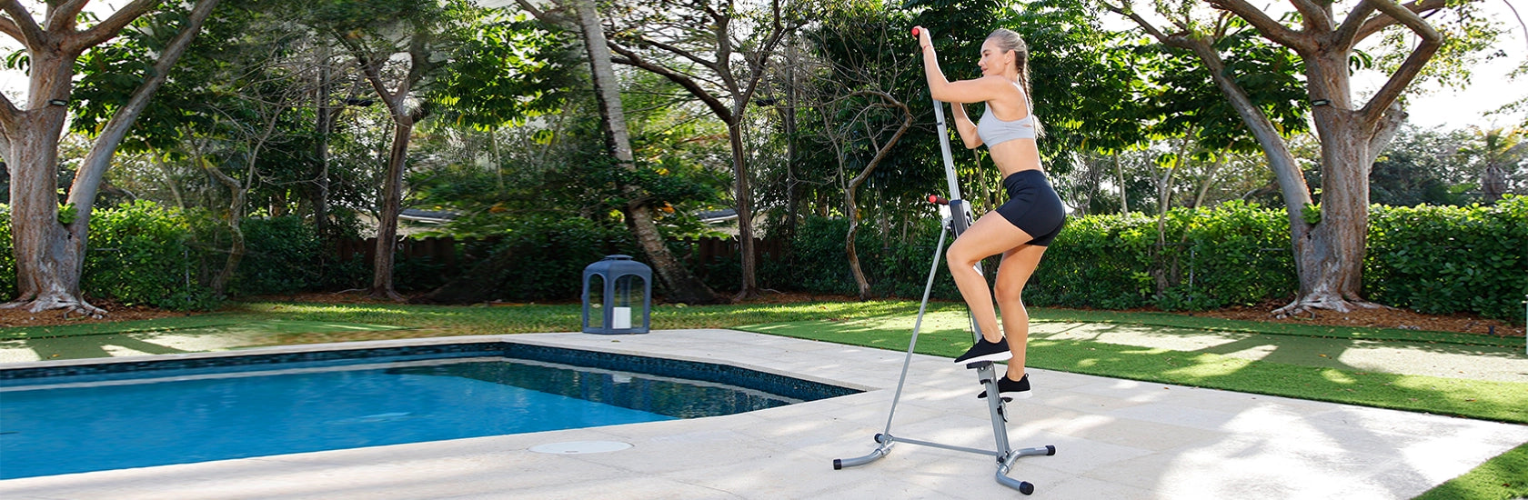 MaxiClimber Reviews - What our customers have to say / Background photo of a woman with black top and red shorts using the MaxiClimber 2.0  nexto to a pool