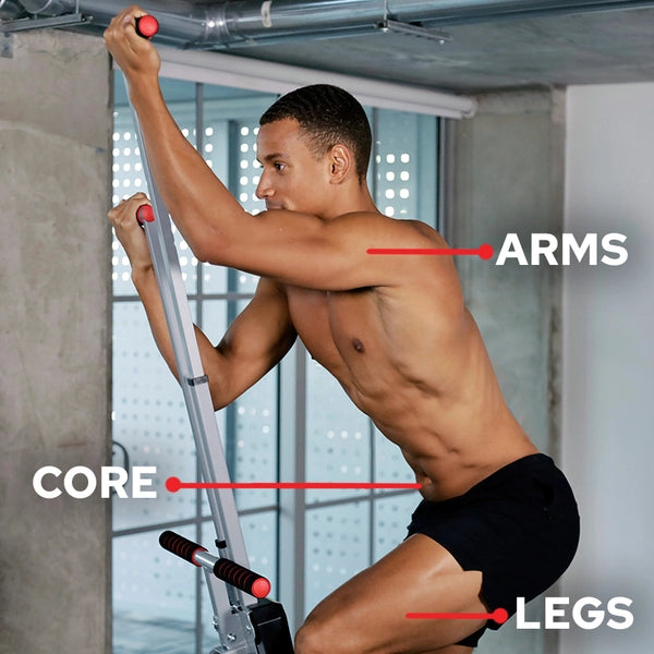 Man working out with Maxiclimber 2.0 and exercising arms, core and legs